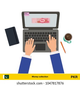 Online shopping. Pakistan rupee banknote. E-commerce platform concept vector illustration.