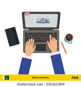 Online shopping. Pakistan rupee banknote. E-commerce platform concept vector illustration.