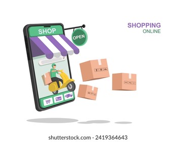 Online shopping. Parcel box floated front of the smartphone. Fast delivery. vector illustration