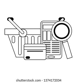 Online shopping and payment in black and white
