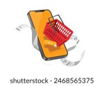 online shopping and online payment concept ,Buy button, red shopping basket, receipt paper, mobile phone floating in air, vector 3d isolated on white background for e commerce advertisement design