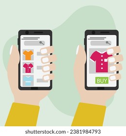 Concepto de compra y pago en línea. Compra ropa, zapatos y otros accesorios a través de un smartphone. Realizar pagos digitalmente por tarjeta de crédito y UPI. ilustración vectorial plana.