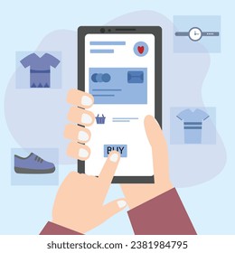 Concepto de compra y pago en línea. Compra ropa, zapatos y otros accesorios a través de un smartphone. Realizar pagos digitalmente por tarjeta de crédito y UPI. ilustración vectorial plana.