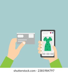 Concepto de compra y pago en línea. Compra ropa, zapatos y otros accesorios a través de un smartphone. Realizar pagos digitalmente por tarjeta de crédito y UPI. ilustración vectorial plana.