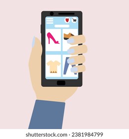 Concepto de compra y pago en línea. Compra ropa, zapatos y otros accesorios a través de un smartphone. Realizar pagos digitalmente por tarjeta de crédito y UPI. ilustración vectorial plana.