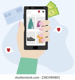 Concepto de compra y pago en línea. Compra ropa, zapatos y otros accesorios a través de un smartphone. Realizar pagos digitalmente por tarjeta de crédito y UPI. ilustración vectorial plana.