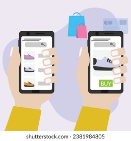 Concepto de compra y pago en línea. Compra ropa, zapatos y otros accesorios a través de un smartphone. Realizar pagos digitalmente por tarjeta de crédito y UPI. ilustración vectorial plana.