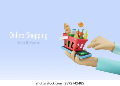 Online shopping and payment concept. Hand press Buy button with grocery shopping basket on smartphone. 3D cartoon character. Vector.