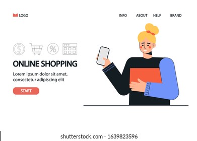 Online shopping and payment concept, a happy woman holds the phone to online order a product. Flat style vector illustration for banner, landing page, mobile app, web design. 