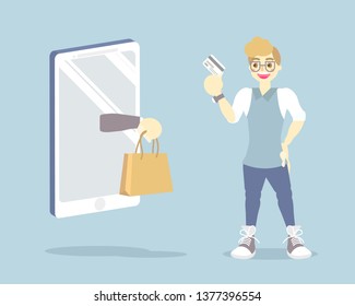 Online shopping, payment concept with man holding credit card, hand holding shopping bag mobile, smart phone in blue background, flat vector illustration cartoon character design clip art