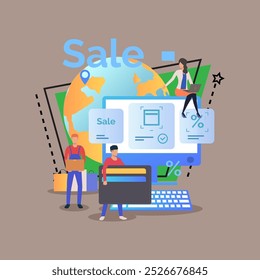 Online shopping, payment and delivery during sale period vector illustration. People doing shopping in internet, delivering goods. Ecommerce, special offer, logistics concept for poster, banner design