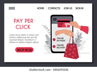 Online shopping payment delivery website template. Mobile application for home shopping. Pay by credit card and get goods concept illustration for landing page. UI UX design stock vector flat.
