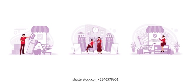 Online Shopping and online payment, Fashionable Store Sales Retail Assistant Checking Stock, Woman using a smart phone. Set Trend Modern vector flat illustration