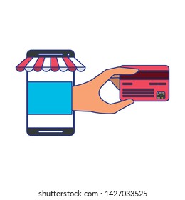 Online shopping and payment hand with credi card coming out from smartphone store vector illustration graphic design