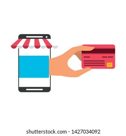 Online shopping and payment hand with credi card coming out from smartphone store vector illustration graphic design