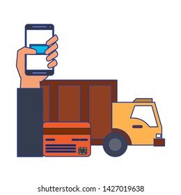 Online shopping and payment hand using smartphone and credit card for delivery vector illustration graphic design