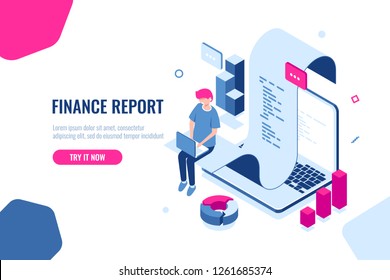 Online shopping and payment, internet shop isometric, receipt of pay, notification of purchase, man with laptop, billing system and online banking. Flat color vector illustration