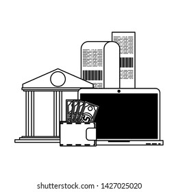 Online shopping and payment laptop with bill and bank building symbol vector illustration graphic design