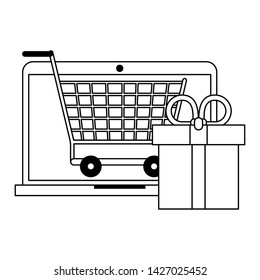 Online shopping and payment laptop with cart and gift box symbols vector illustration graphic design