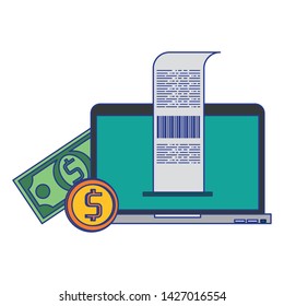 Online shopping and payment from laptop and money symbols vector illustration graphic design
