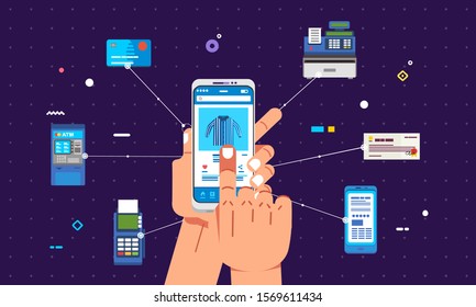online shopping and payment method with smartphone vector illustration. people hand holding smartphone and picking shirt and choose the payment method.