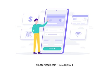 Online shopping and payment method with smartphone. Man click payment method credit card. Flat Illustration suitable for user interface, ui, ux, web, mobile, banner and infographic.