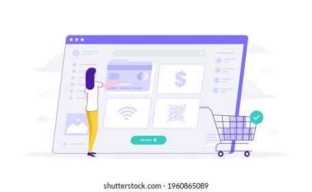 Online shopping and payment method via website. Woman choose payment method credit card. Flat Illustration suitable for user interface, ui, ux, web, mobile, banner and infographic.