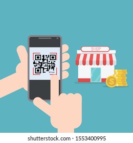Online shopping payment with qr code flat design vector illustration.E-commerce business concept.