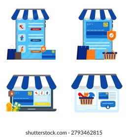 Online shopping payment set collection. Store, mobile, laptop with cart, checkout and credit card icons for e-commerce, secure transaction and retail business concept.