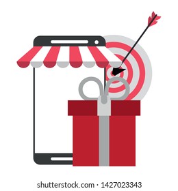 Online shopping and payment smartphone store with gift box and target symbols vector illustration graphic design