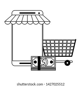 Online shopping and payment smartphone store and cash with cart symbols vector illustration graphic design