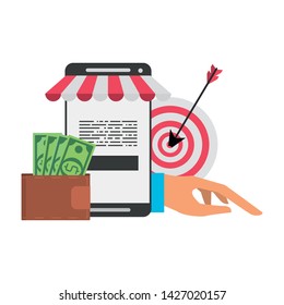 Online shopping and payment smartphone wallet and target dartboard symbols vector illustration graphic design