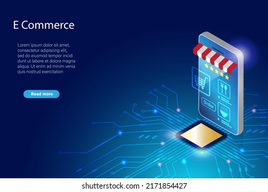 Online Shopping, Online Payment Technology With Smart Phone Devices. Online Store In Smartphone App On Secure Electronics Board With Customer Data Protection. E Commerce Innovation Technology.