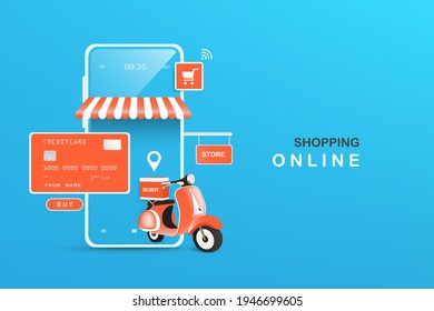 Online shopping and payment online template with smartphone application,shopping online on website concept and delivery  concept,vector 3d isolated on blue background
