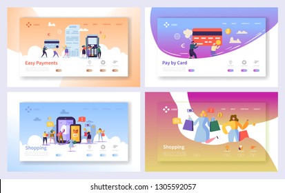Online Shopping Payment Transaction Landing Page Set. Internet E-commerce Store Sale Technology. Marketing Retail Commerce Banking Concept Website or Web Page. Flat Cartoon Vector Illustration