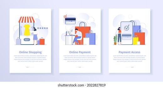 Online shopping payment. Woman choosing dress in smartphone application. Man making purchases using laptop and paing with credit card. Payment verification on devices vector mobile app set