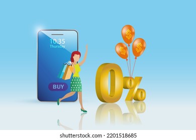 Compras y pagos en línea. Mujer con compras en línea en smartphone y 0% de intereses de promoción financiera. Plantilla, banner, afiche para promoción en tienda online, comercio electrónico.