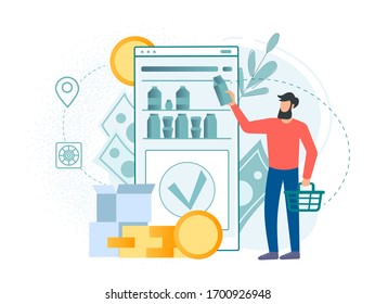 Online shopping, online payments, grocery delivery, grocery store online app. A young man buys food in an online store. Conceptual vector illustration.