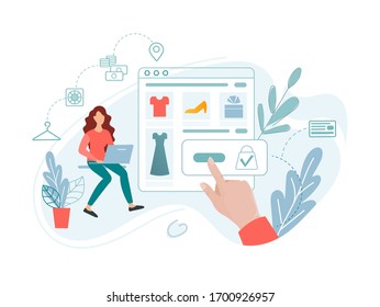 Online shopping, online payments, product delivery, online store app. A young woman buys clothes and other goods in an online store. Conceptual vector illustration.