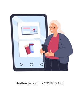 Online shopping .Pensioner Elderly Woman with mobile phone,smartphone,ordering Pharmacy in internet store,ordering shoes in online chemist's shop,digital market.Flat vector illustration isolated