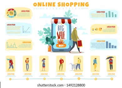 Online shopping people infographics. Sale fall collection through  models in autumn clothes of casual style satisfied customer coming out of mobile phone with bags. Vector