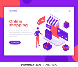 Online shopping people and interact with shop. Landing page template. 3d isometric vector illustration.