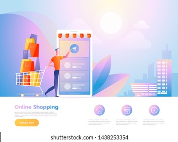 Online shopping people and interact with shop. Landing page template. Isometric vector illustration.