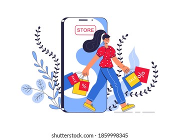 Online shopping in a phone app. Happy young woman with shopping bags leaves the online store. Big seasonal sale and discount at store, shop, mall. Cartoon character. Flat vector concept illustration.