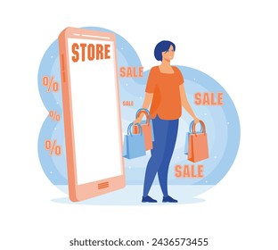 Online shopping in a phone app. Happy young woman with shopping bags leaves the online store. Big seasonal sale and discount at store, shop, mall. flat vector modern illustration