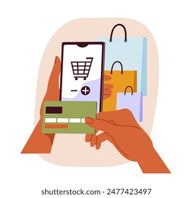 Online shopping at phone concept. Hand with banking card near smartphone screen. Digital and cashless transfers and transactions. Logistics and home delivery. Cartoon flat vector illustration