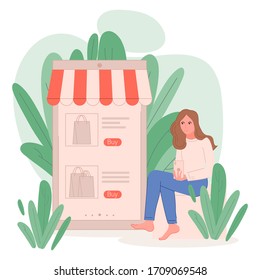 Online shopping phone with girl on plants background vector illustration cartoon flat design modern style