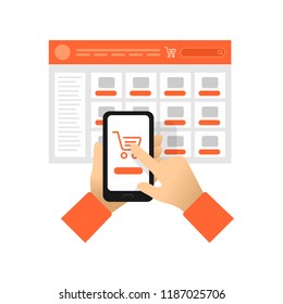 Online shopping - phone in hands with shopping basket and bying button on screen and internet shop web interface - vector conceptual illustration
