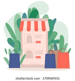 Online shopping phone with paper bags on plants background vector illustration cartoon flat design modern style