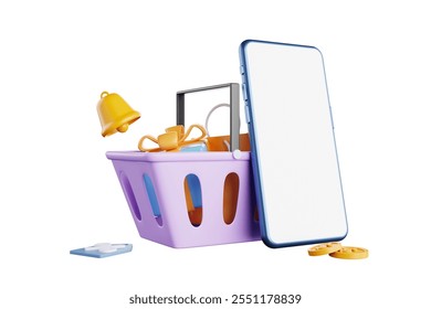 Online shopping, phone placed next to basket with gift box and shopping bag inside, 3D rendering